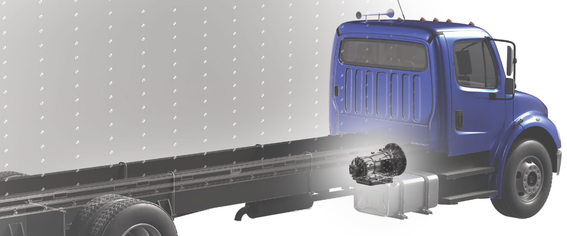 A rendered image of the Allison 9-Speed in a blue box truck.