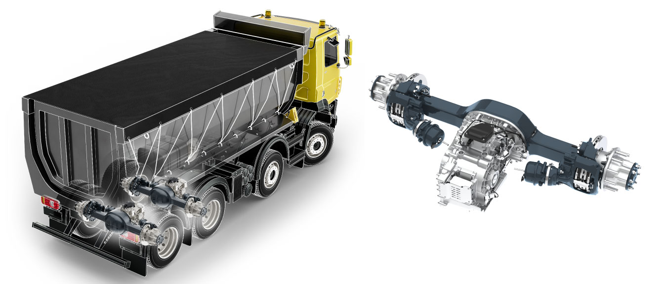 A yellow digitally rendered dump truck is shown with two eGen Power 100/130S electric axles superimposed over the back axles. A rendered eGen Power 100/130S is shown next to the dump truck.