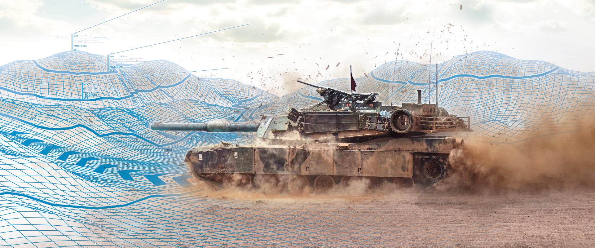 An image of a battle tank in motion with blue cyan motion lines.