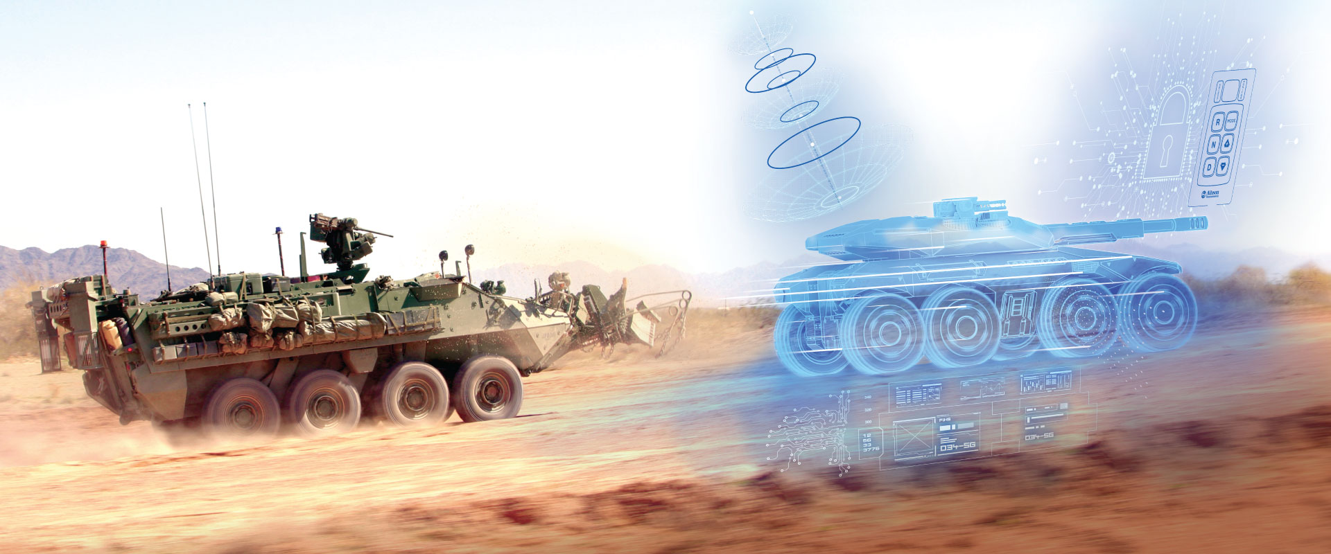 Wheeled defense vehicle in action with a rendered wheeled defense vehicle in blue.