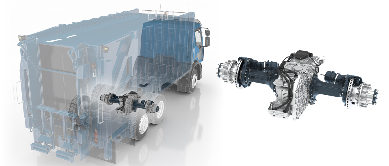 A blue refuse truck with a rendered Allison eGen Power in the chassis.